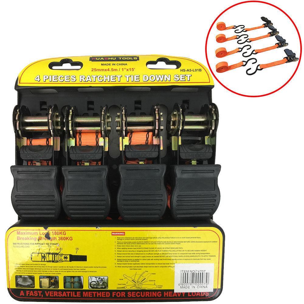 If you are looking 4 Piece Ratchet Tie Down Set 52x4.5mm Trailer/Truck/Roof 360kg Breaking Strength you can buy to KG Electronic, It is on sale at the best price