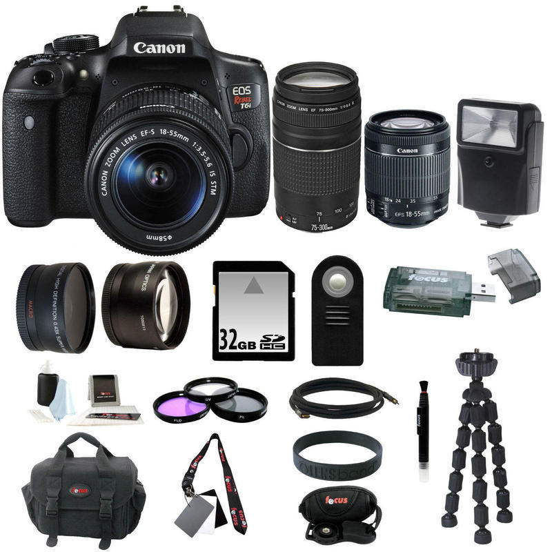 If you are looking Canon EOS Rebel T6i Digital SLR Camera w/ 18-55mm & 75-300mm Lenses + 32GB Kit you can buy to focuscamera, It is on sale at the best price