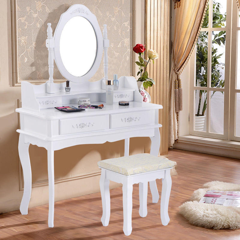 If you are looking White Vanity Jewelry Makeup Dressing Table Set W/Stool 4 Drawer Mirror Wood Desk you can buy to costway, It is on sale at the best price