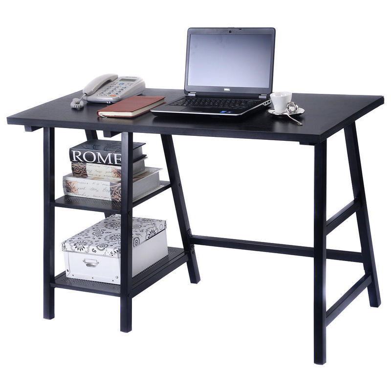 If you are looking Modern Trestle Desk Wood Laptop Writing Table Shelves Computer Desk Black you can buy to costway, It is on sale at the best price