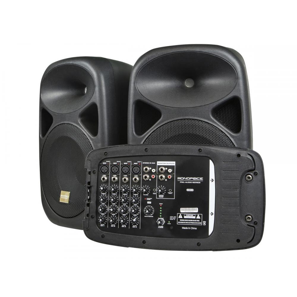 If you are looking Monoprice 130-Watt 8-channel PA System with Two 10-inch speakers you can buy to monoprice, It is on sale at the best price