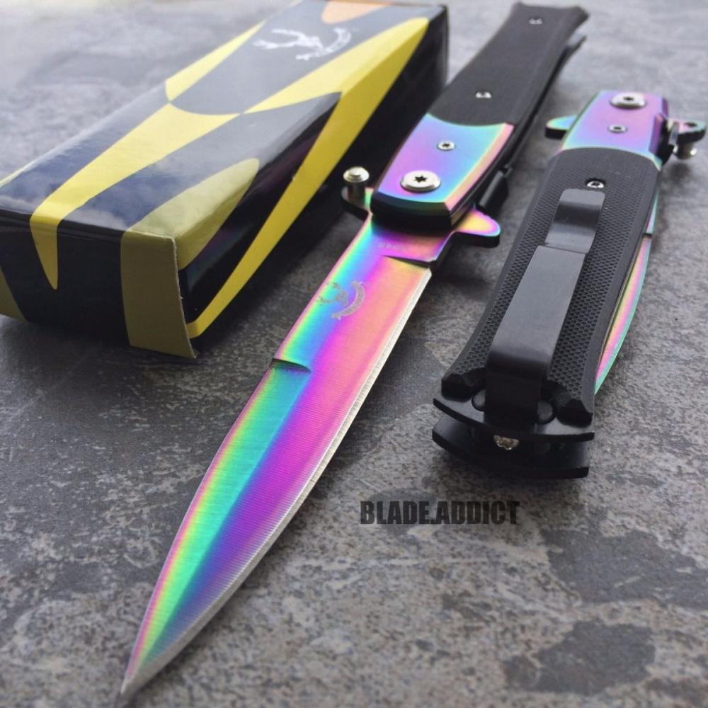 If you are looking 8.5" G10 Spring Open Assisted RAINBOW Stiletto TACTICAL Folding Pocket Knife you can buy to blade_addict, It is on sale at the best price