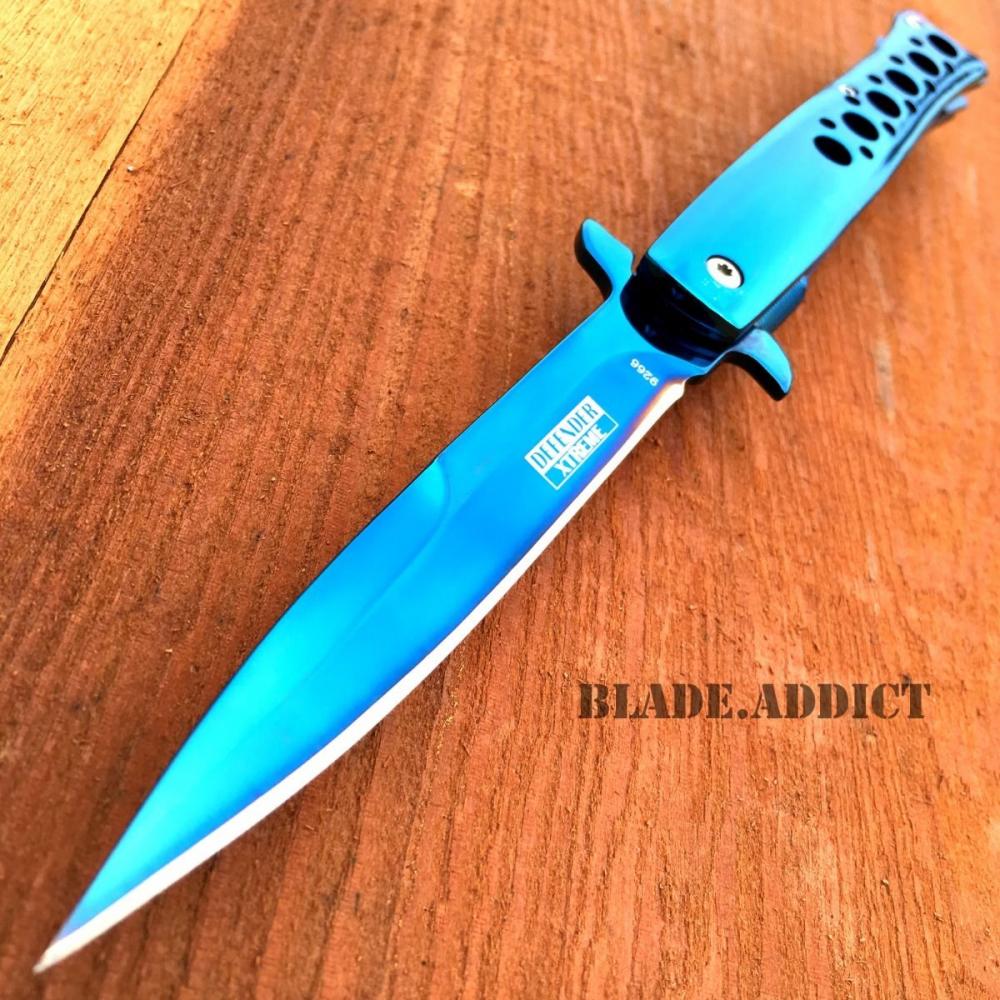 If you are looking 9" XTREME BLUE TITANIUM STILETTO SPRING OPEN ASSISTED TACTICAL POCKET KNIFE EDC you can buy to blade_addict, It is on sale at the best price