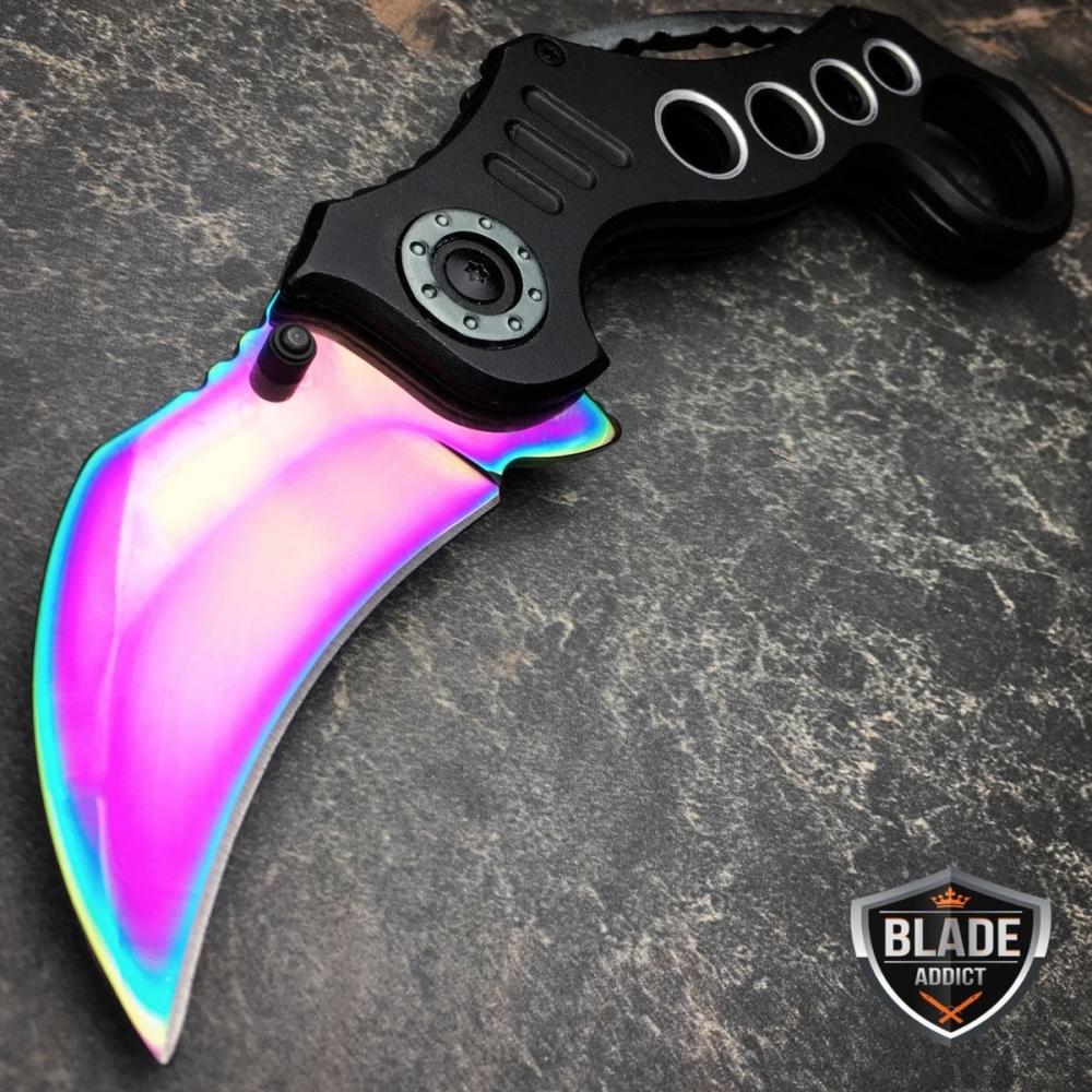 If you are looking 8" RAINBOW TITANIUM Tactical Spring Assisted Open Karambit Pocket Knife Folding you can buy to blade_addict, It is on sale at the best price