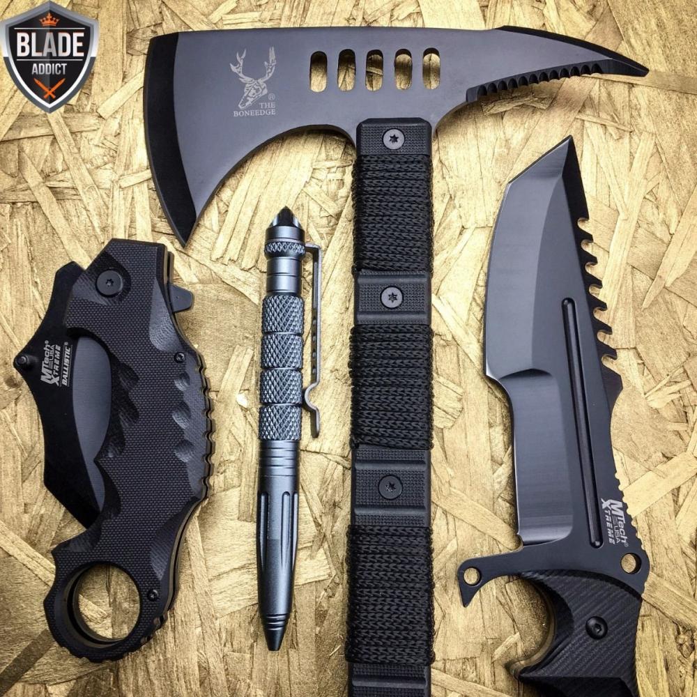 If you are looking 4PC Black Tactical Survival Hunting Combat Camping Pocket Knife Set Axe Pen EDC you can buy to blade_addict, It is on sale at the best price