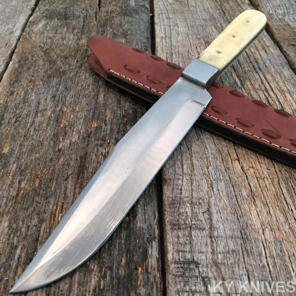 If you are looking 12.5" Santa Fe Bowie Hunting Knife Carbon Steel, Leather Sheath BONE you can buy to kyknives, It is on sale at the best price
